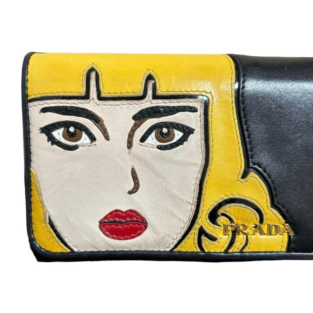 美品　希少　人気　プラダ　長財布　レザー　ブラック　アップリケ　顔　Wホック