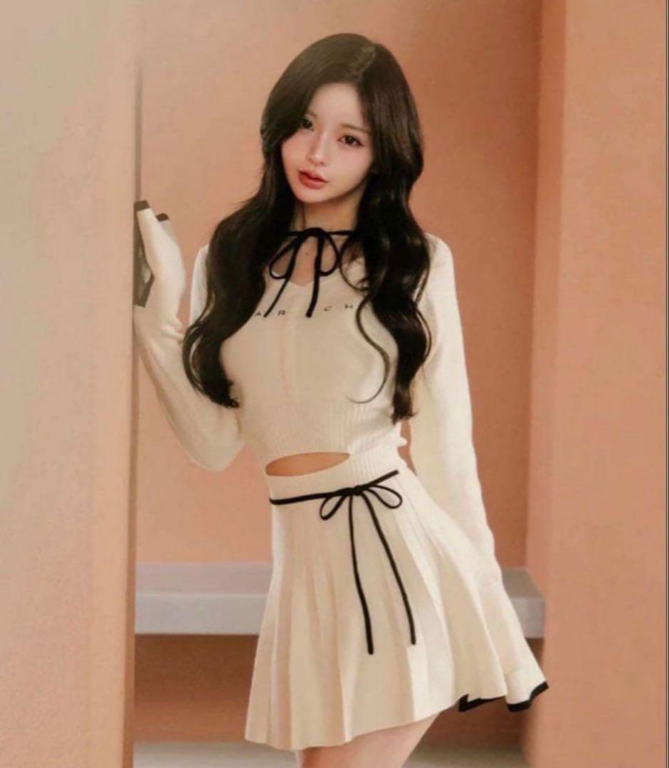 darich ダーリッチ ウエストオープンリボンデザインニットミニワンピース