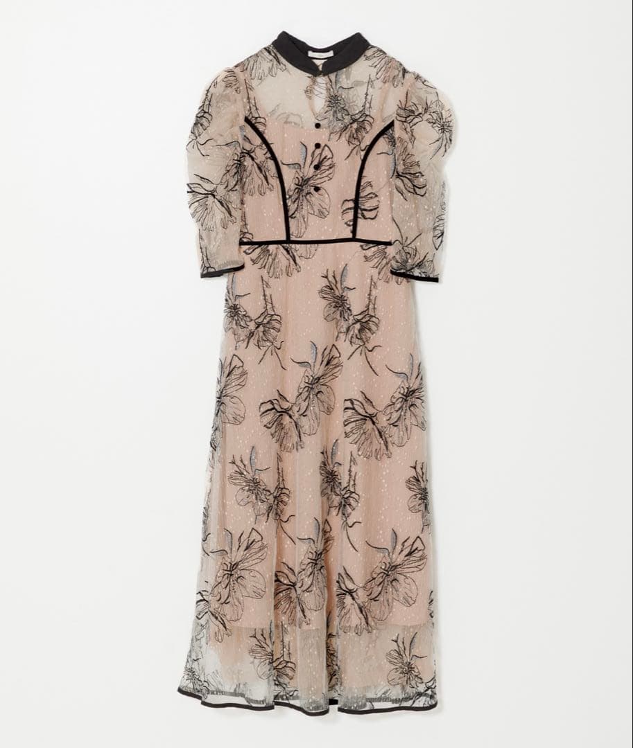 Leja 配色パイピングプチハイネック花柄刺繍ラメレースロング丈ドレスワンピース