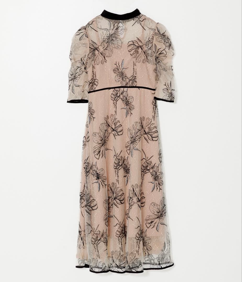 Leja 配色パイピングプチハイネック花柄刺繍ラメレースロング丈ドレスワンピース