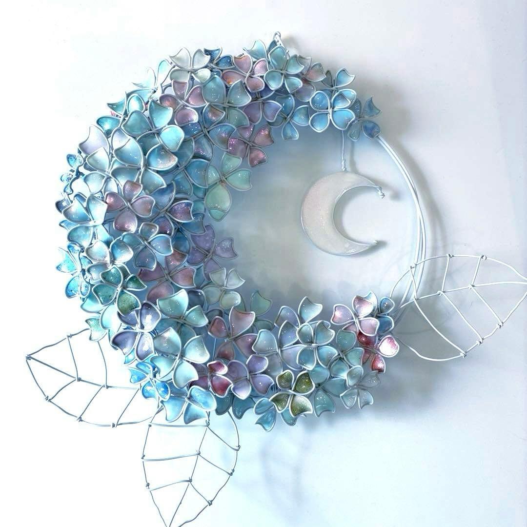 モーニングMoon 大きな紫陽花リース　ワイヤークラフト　ディップアート
