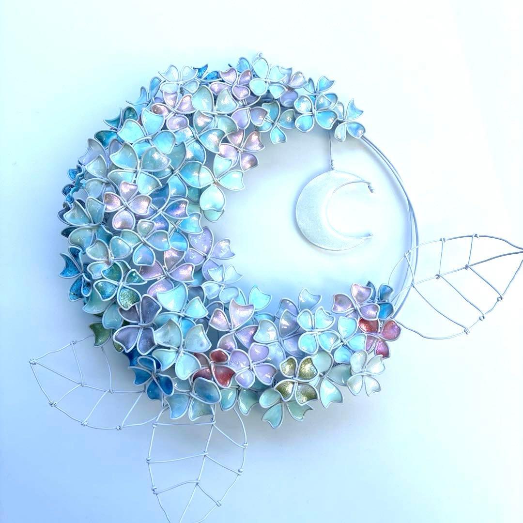 モーニングMoon 大きな紫陽花リース　ワイヤークラフト　ディップアート
