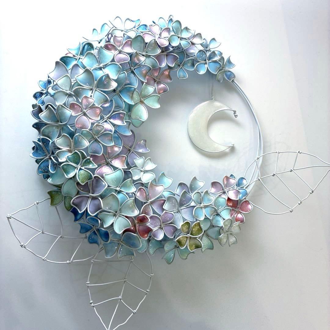 モーニングMoon 大きな紫陽花リース　ワイヤークラフト　ディップアート