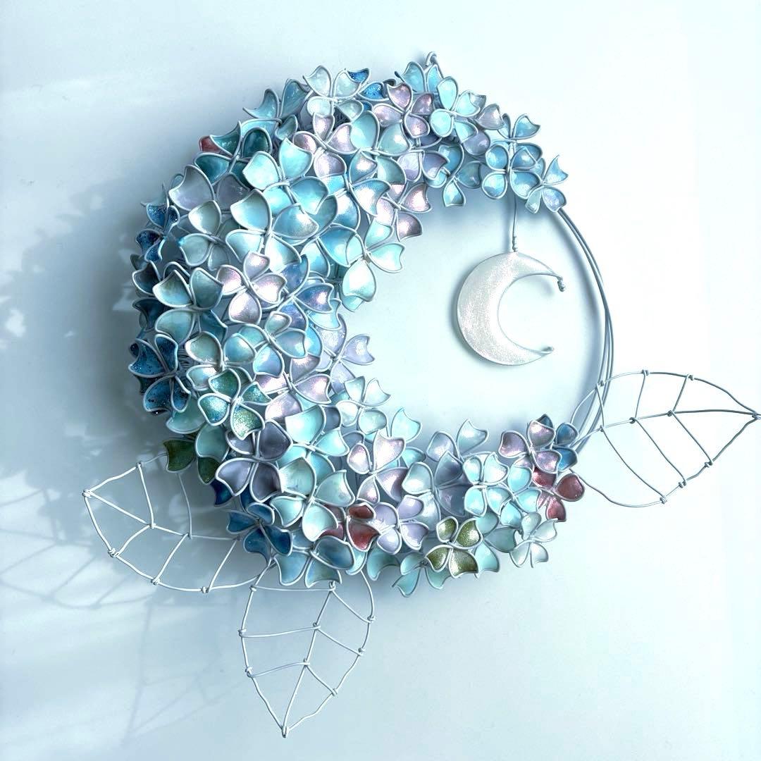 モーニングMoon 大きな紫陽花リース　ワイヤークラフト　ディップアート