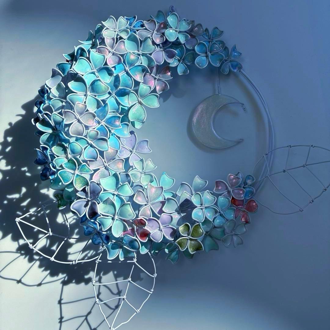 モーニングMoon 大きな紫陽花リース　ワイヤークラフト　ディップアート