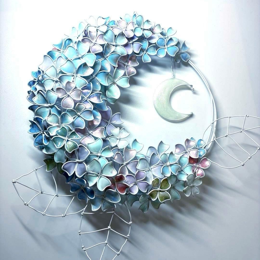 モーニングMoon 大きな紫陽花リース　ワイヤークラフト　ディップアート
