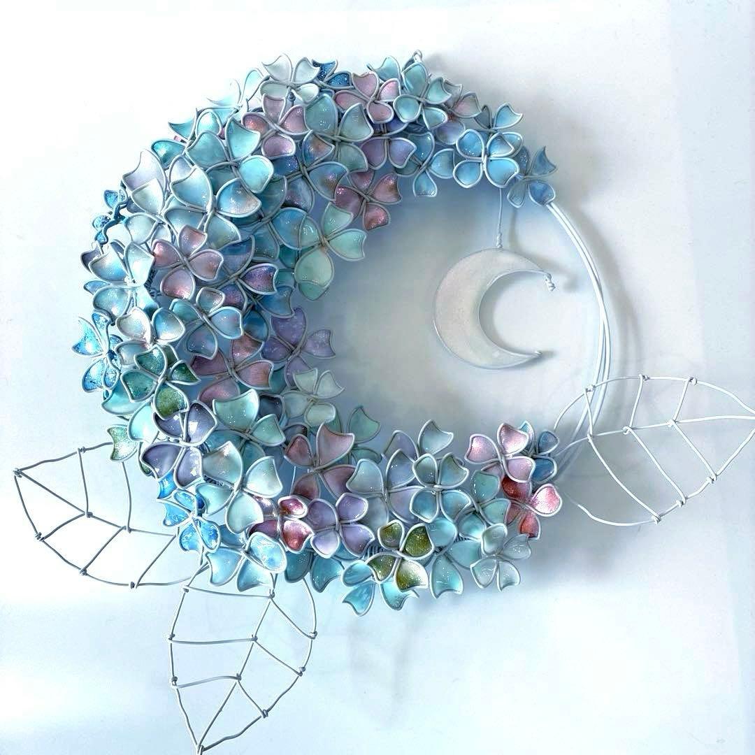 モーニングMoon 大きな紫陽花リース　ワイヤークラフト　ディップアート