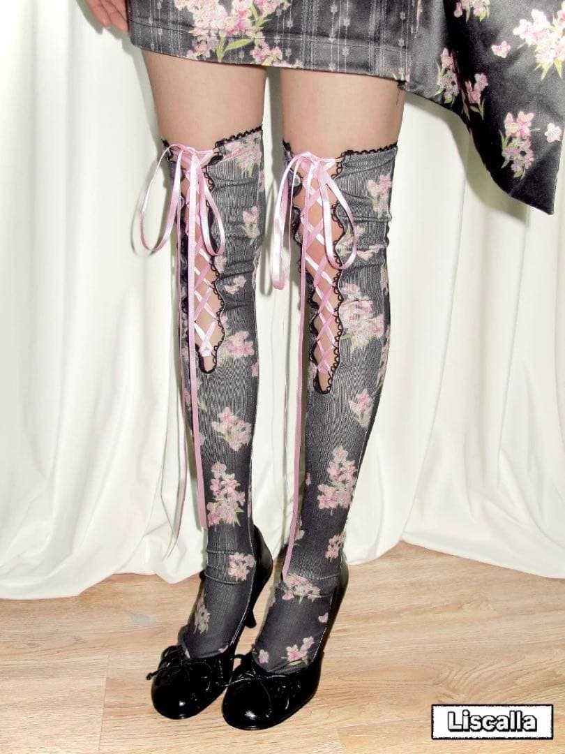 即日発送LIS CALLA｜“My Diary”花柄リボンソックス（ブラック）