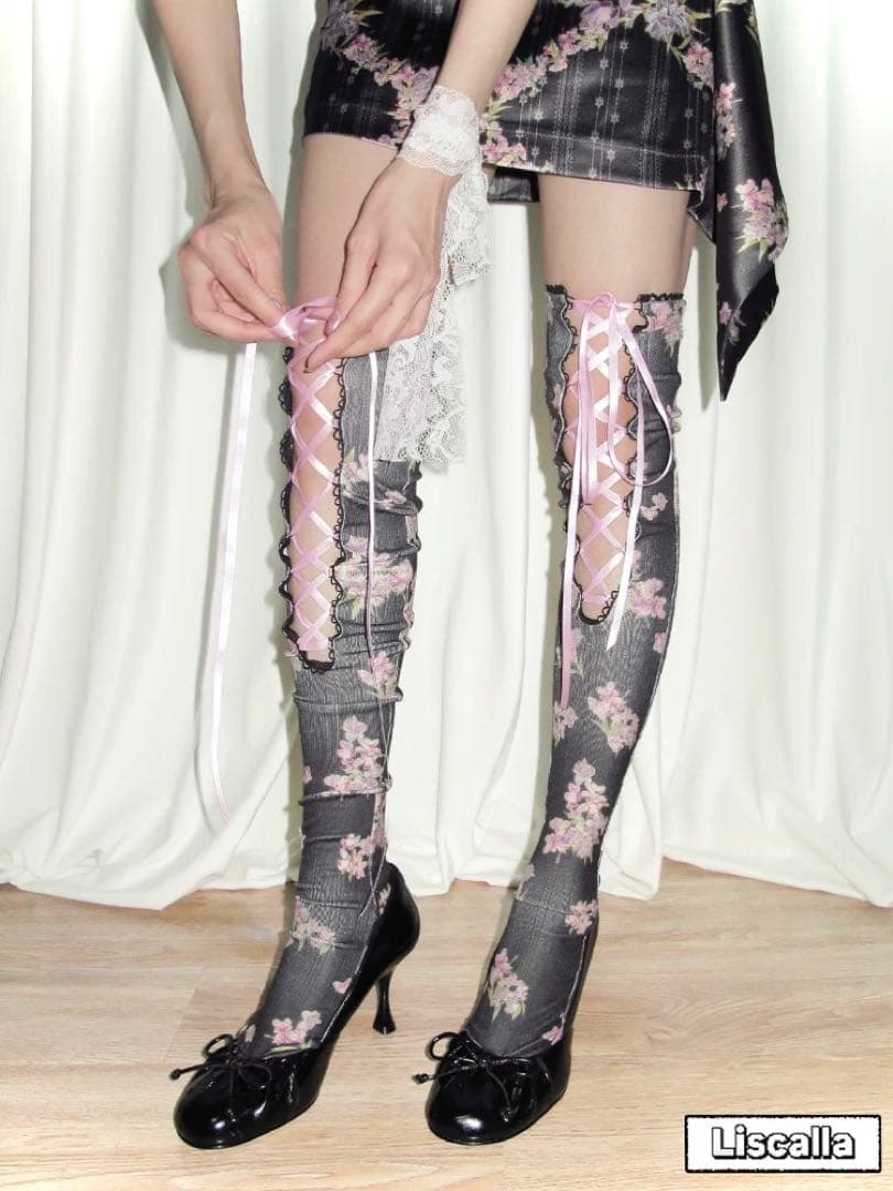 即日発送LIS CALLA｜“My Diary”花柄リボンソックス（ブラック）