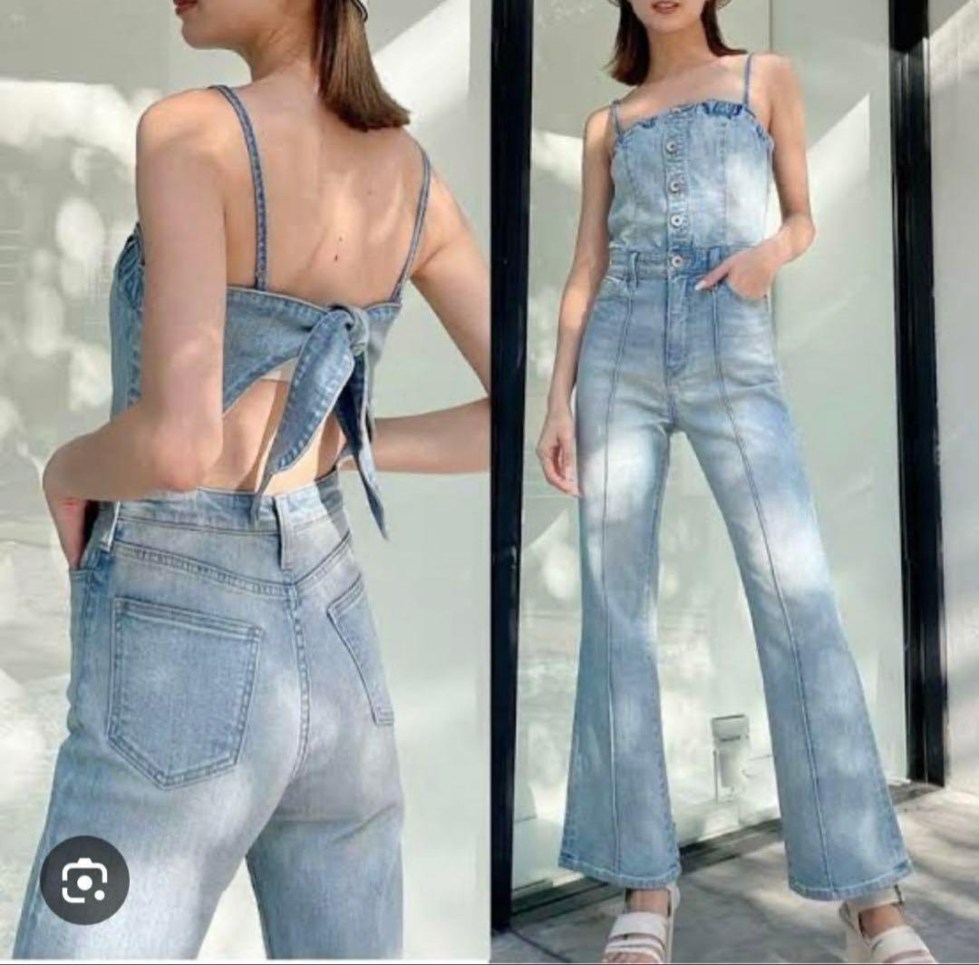 GYDA♡BACKリボンデニムロンパース アイスブルー Sサイズ