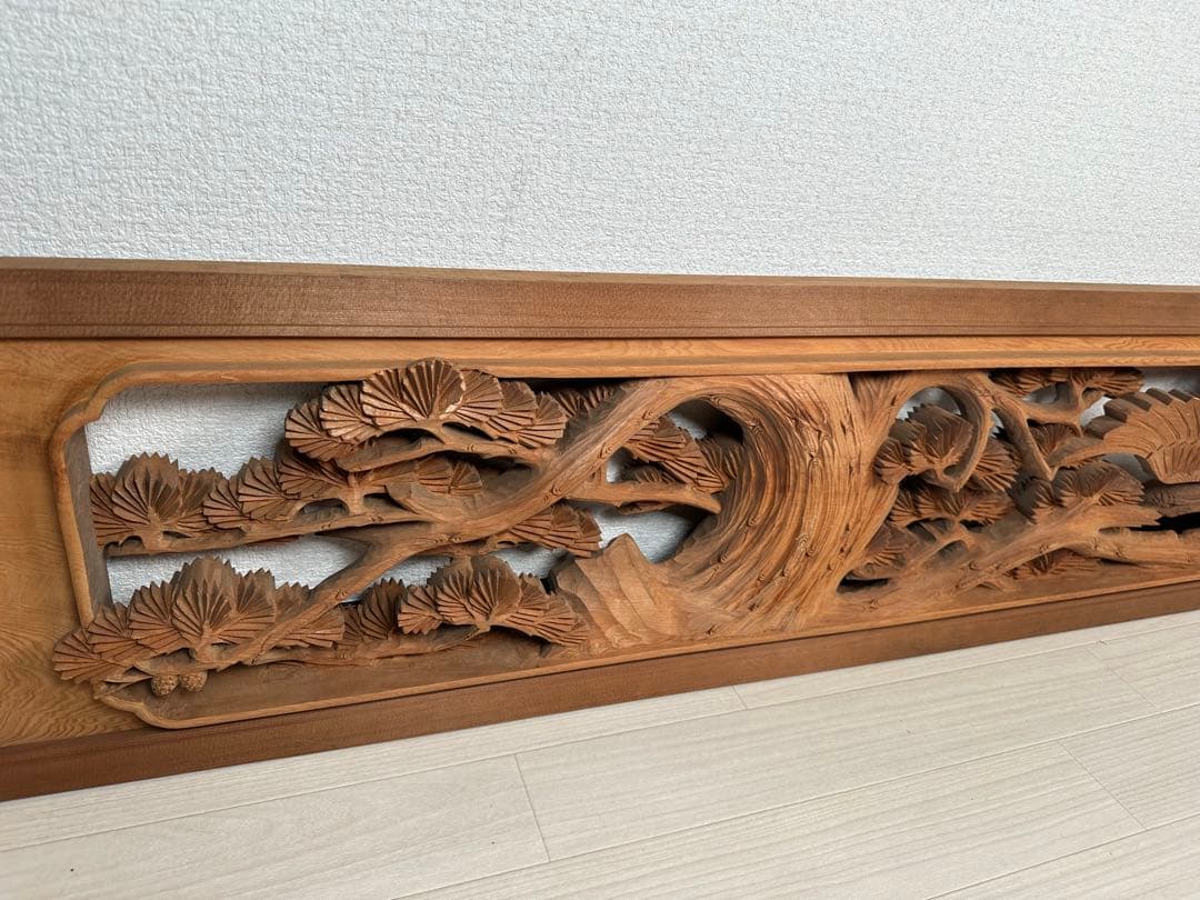 富山 欄間 彫刻 縁起物 松 鷹 松ぼっくり 重厚 堅牢 二枚一組 ※i4※