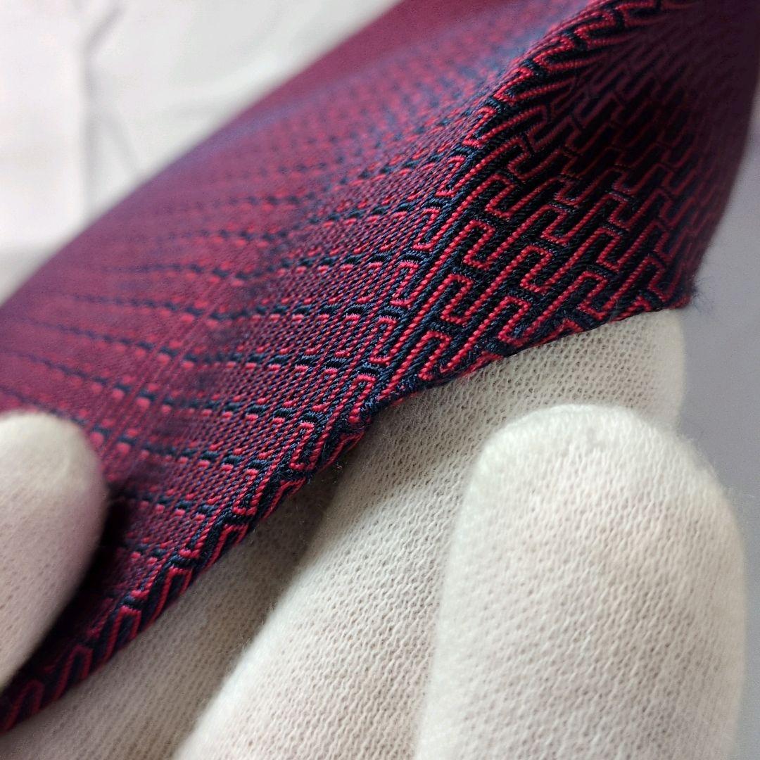 【美品】エルメス ネクタイ ワインレッド ネイビー 濃紺 H柄 光沢 フランス製