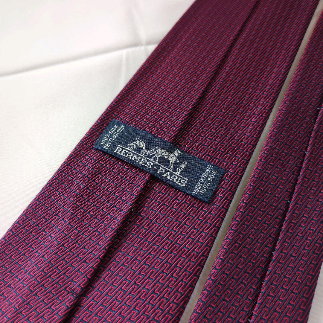 【美品】エルメス ネクタイ ワインレッド ネイビー 濃紺 H柄 光沢 フランス製