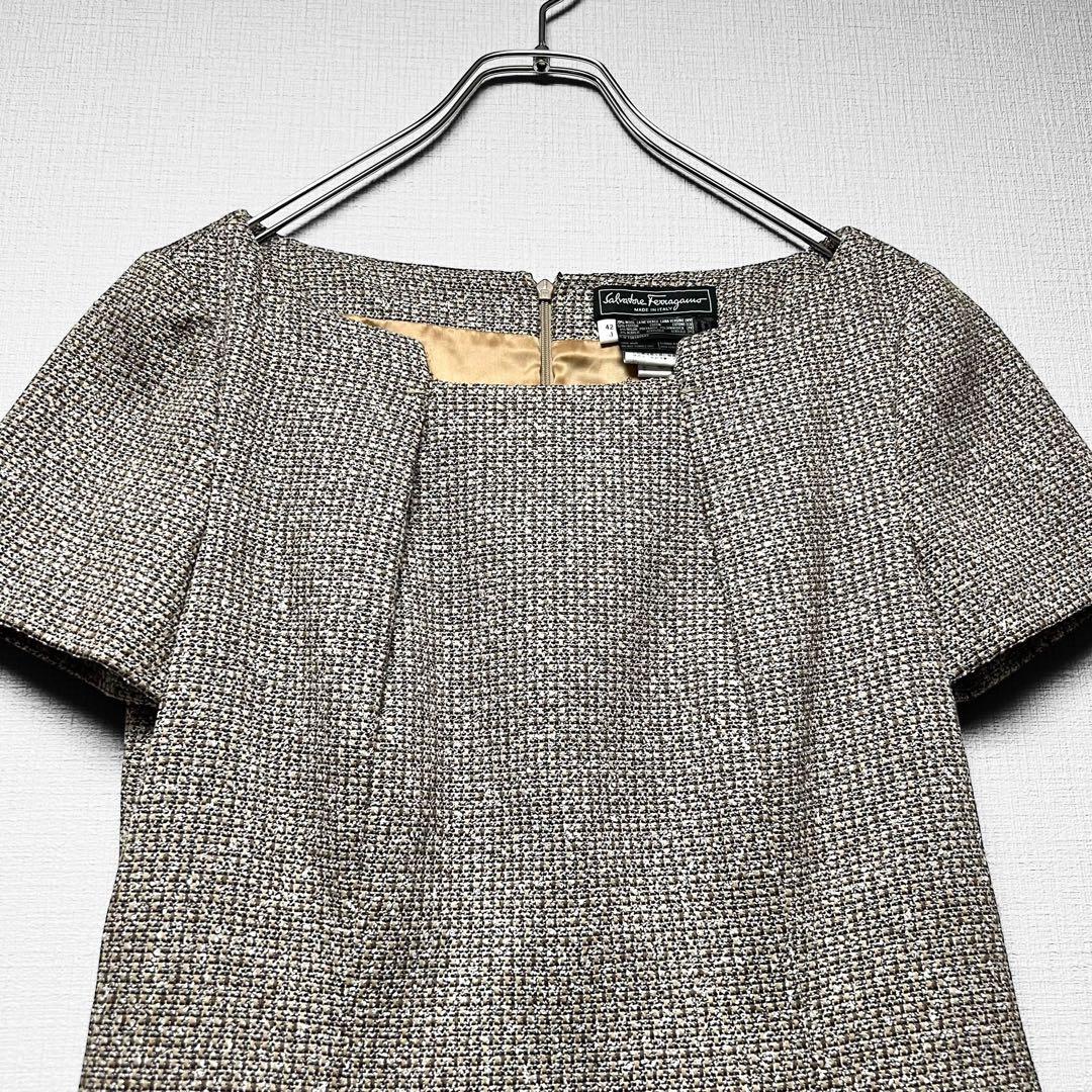 【美品】サルヴァトーレフェラガモ ツイード ドレスワンピース タック 半袖 42