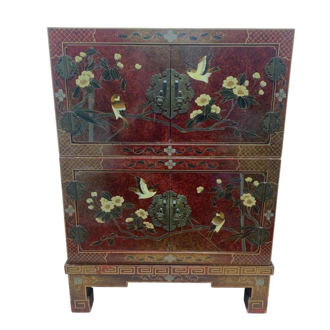 赤色の花と鳥の装飾タンス　希少　中国　 チェスト　箪笥 花鳥 骨董　アンティーク