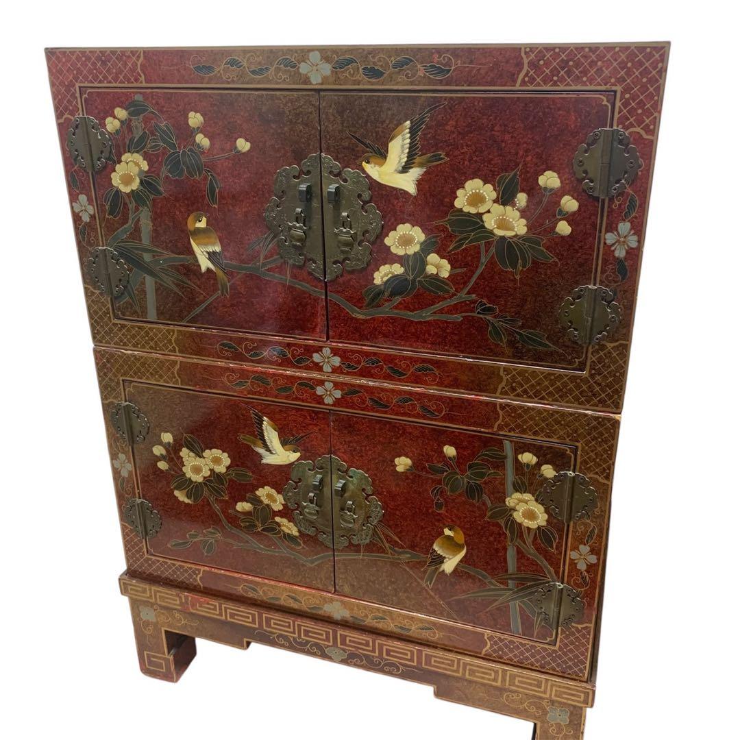 赤色の花と鳥の装飾タンス　希少　中国　 チェスト　箪笥 花鳥 骨董　アンティーク
