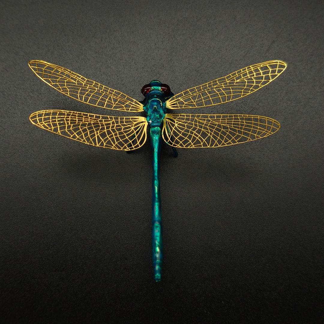 銅製置物　勝虫　蜻蛉　金メッキ　金工品　青色　銅製　薄翼　インテリア置物　箱付