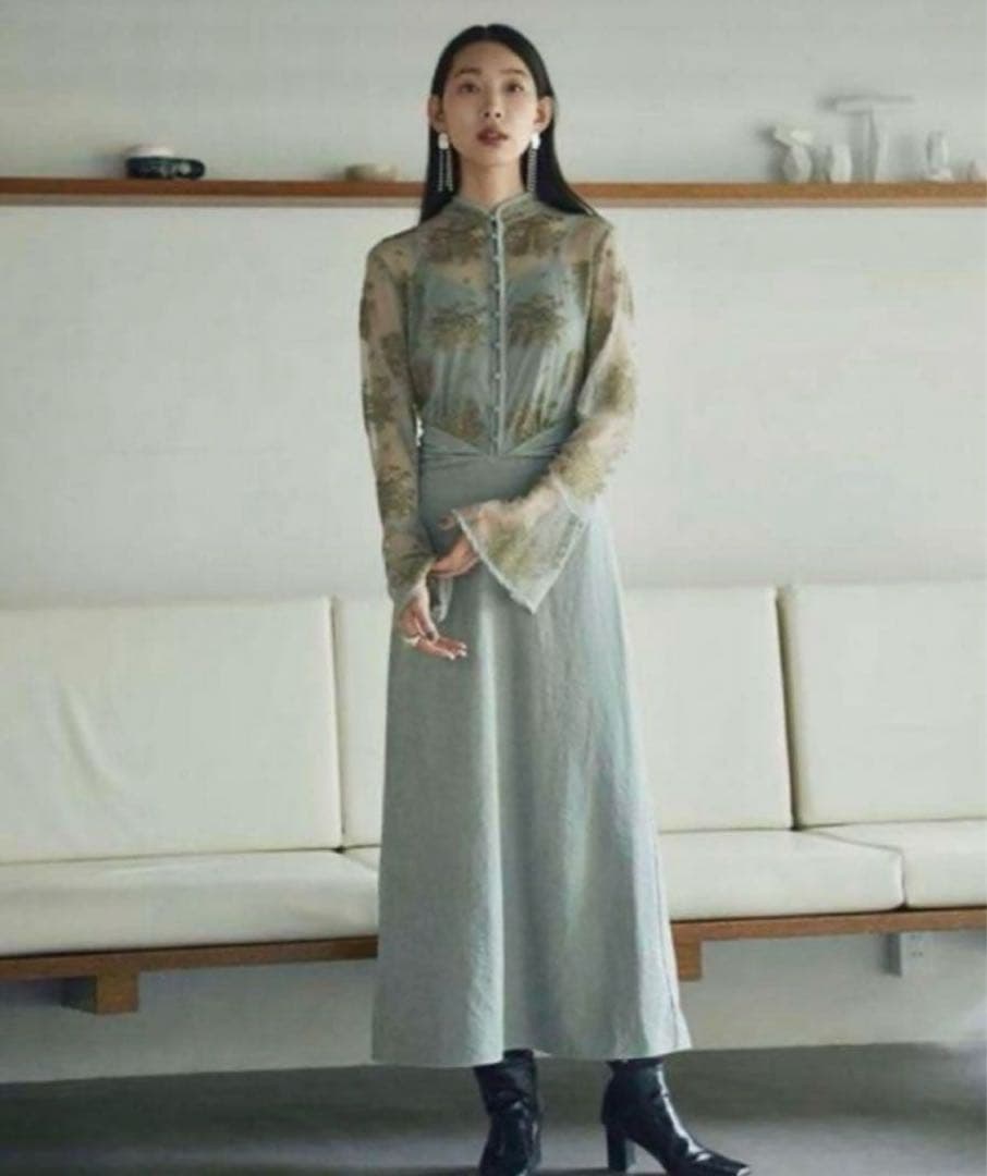 Ameri VINTAGE FLOWER LACE DRESS S セージ