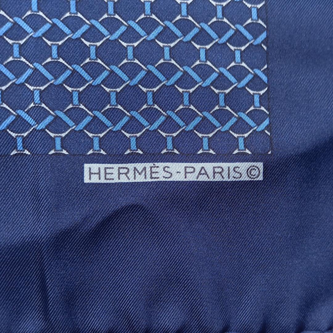 極美品✨エルメス　プチカレ　スカーフ　ロープ柄　ポケットチーフ　ネイビーブルー