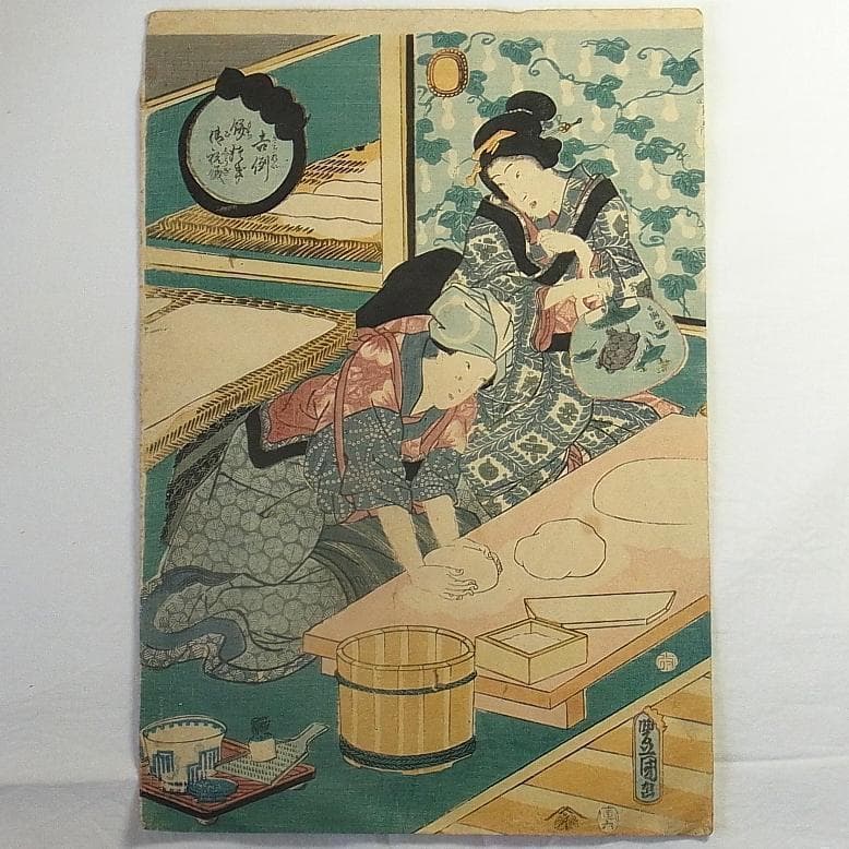 歌川国貞 浮世絵 木版画 餅つき風景2枚セット 年中行事 美人画 江戸時代