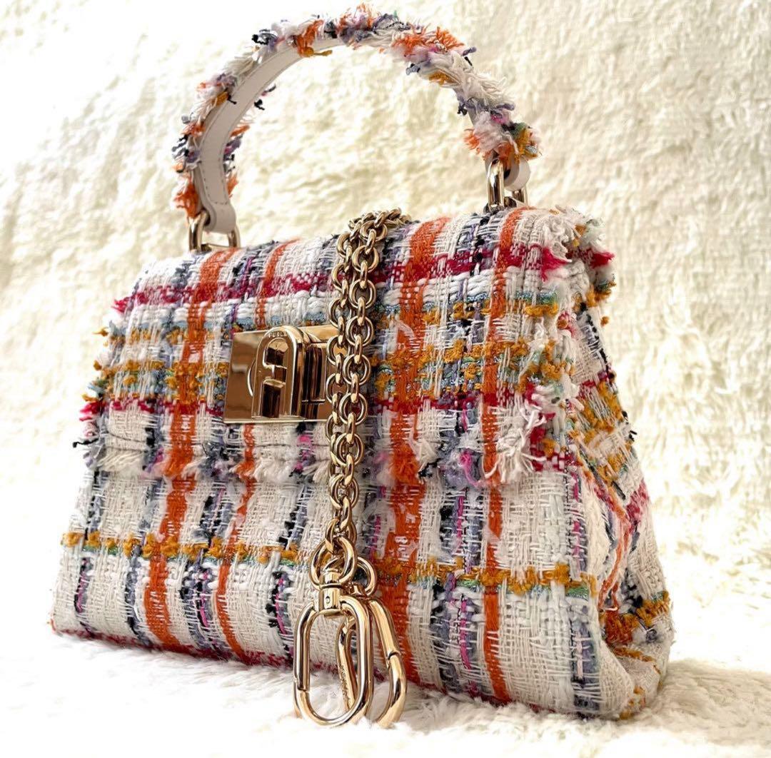 【極美品】フルラ 1927 ツイード ハンドバッグ 2WAY ゴールドチェーン