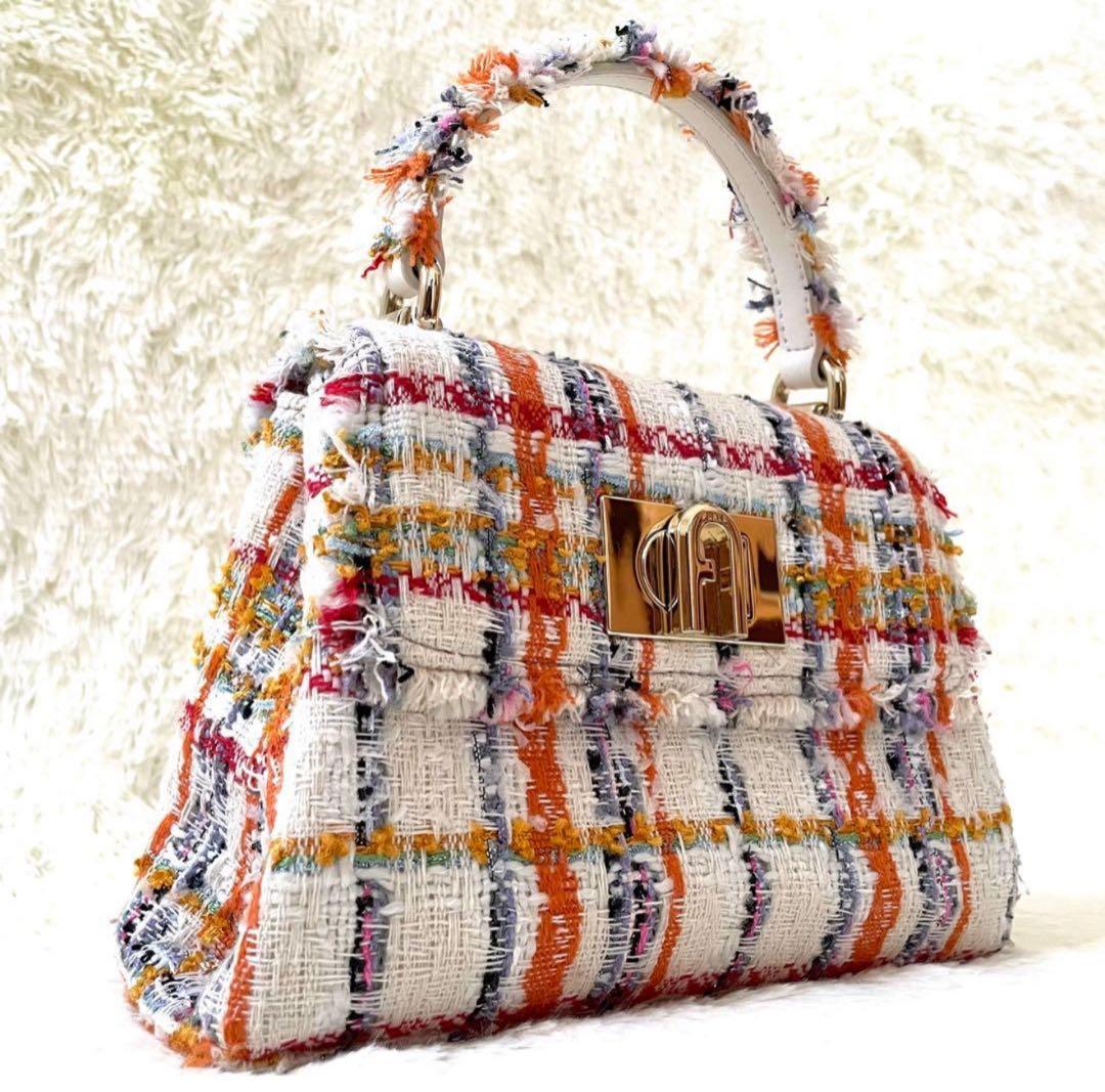 【極美品】フルラ 1927 ツイード ハンドバッグ 2WAY ゴールドチェーン