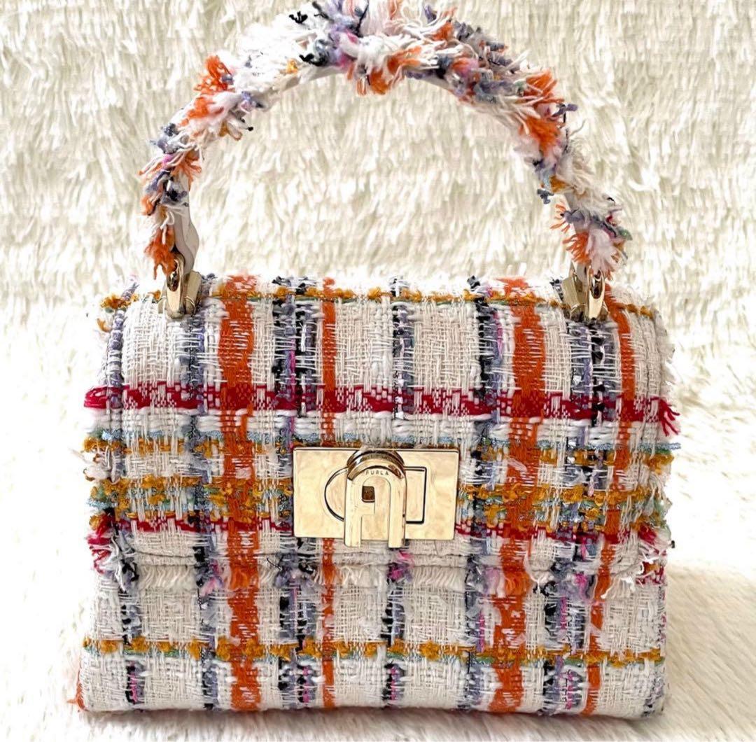 【極美品】フルラ 1927 ツイード ハンドバッグ 2WAY ゴールドチェーン