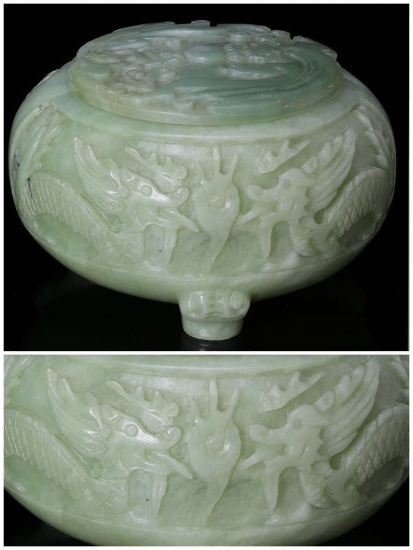 【超希少・最高級】 龍彫刻碧玉翡翠 碁笥 碁石 セット 木箱付 翡翠 瑪瑙 囲碁