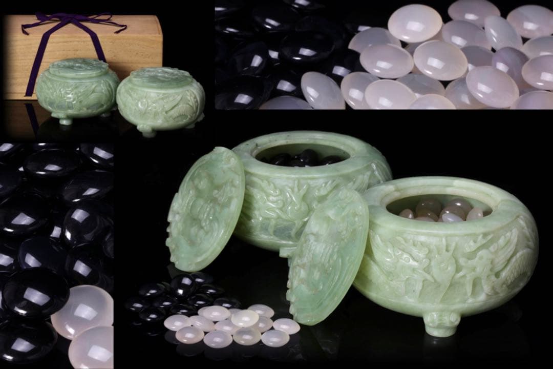 【超希少・最高級】 龍彫刻碧玉翡翠 碁笥 碁石 セット 木箱付 翡翠 瑪瑙 囲碁