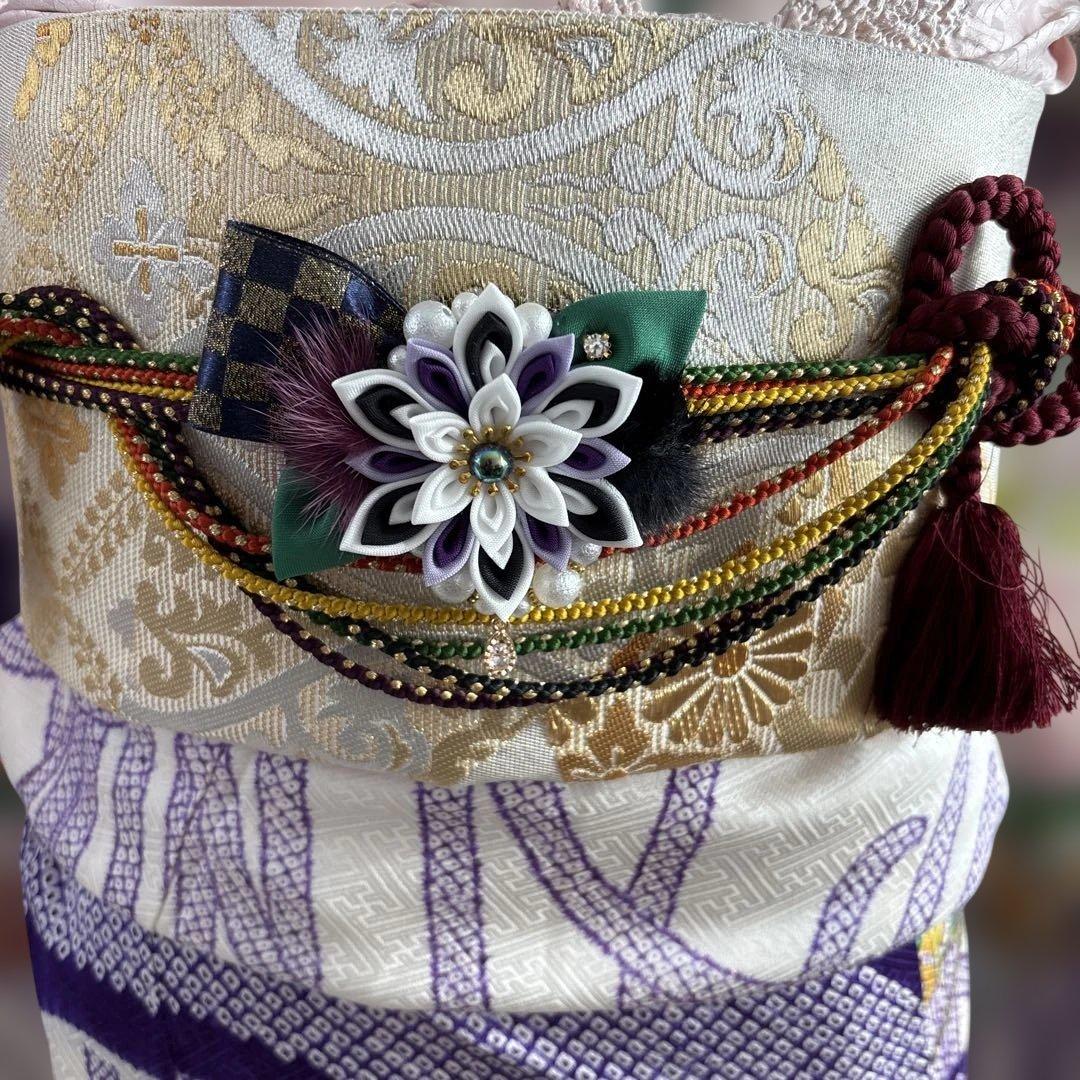 未使用に近い　正絹振袖フルセット　総絞り　紫と白の花柄　成人式に