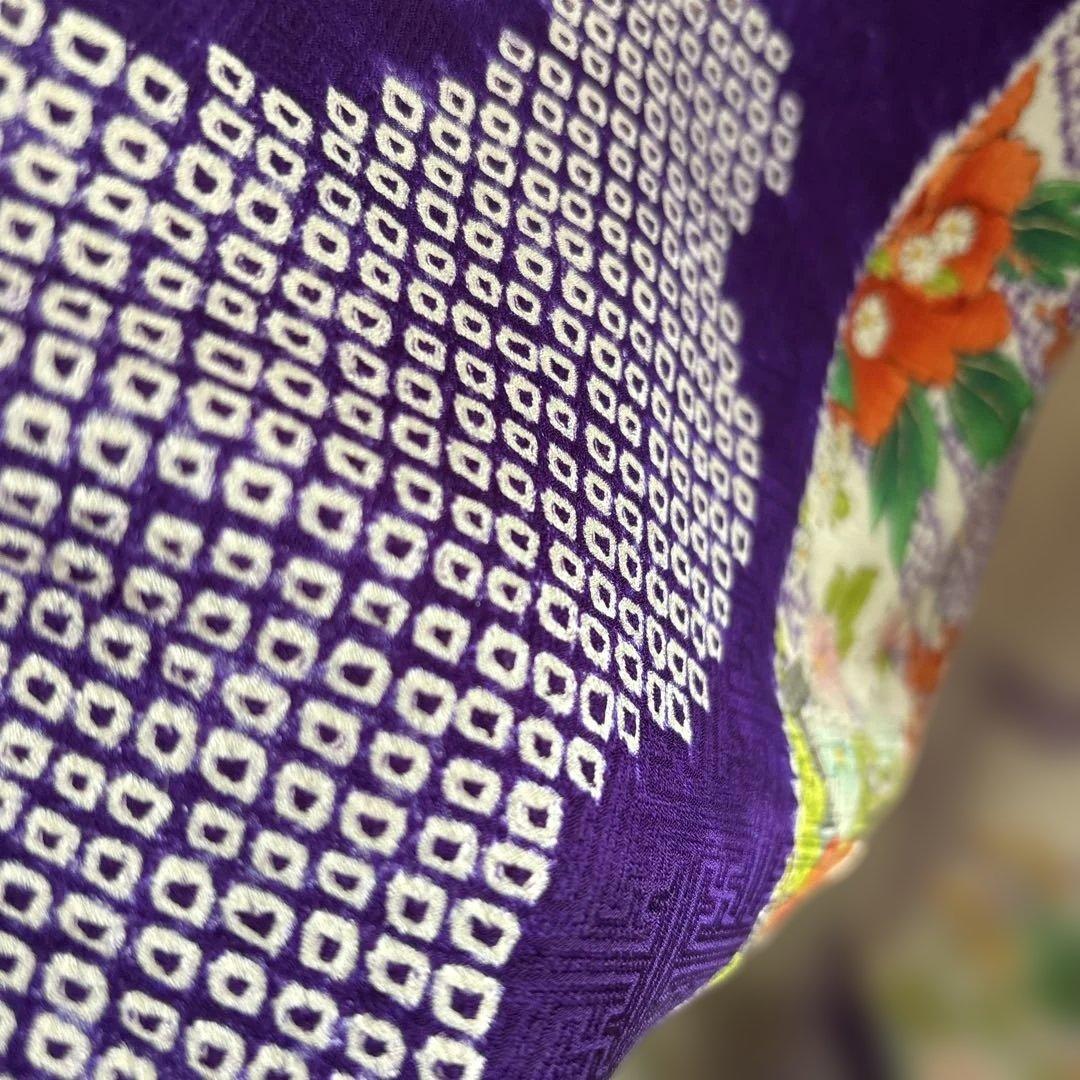 未使用に近い　正絹振袖フルセット　総絞り　紫と白の花柄　成人式に