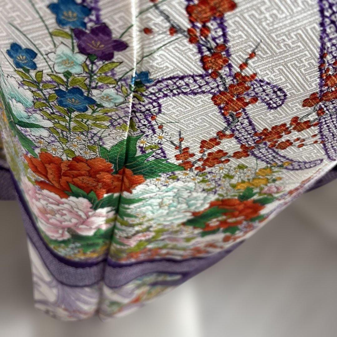 未使用に近い　正絹振袖フルセット　総絞り　紫と白の花柄　成人式に