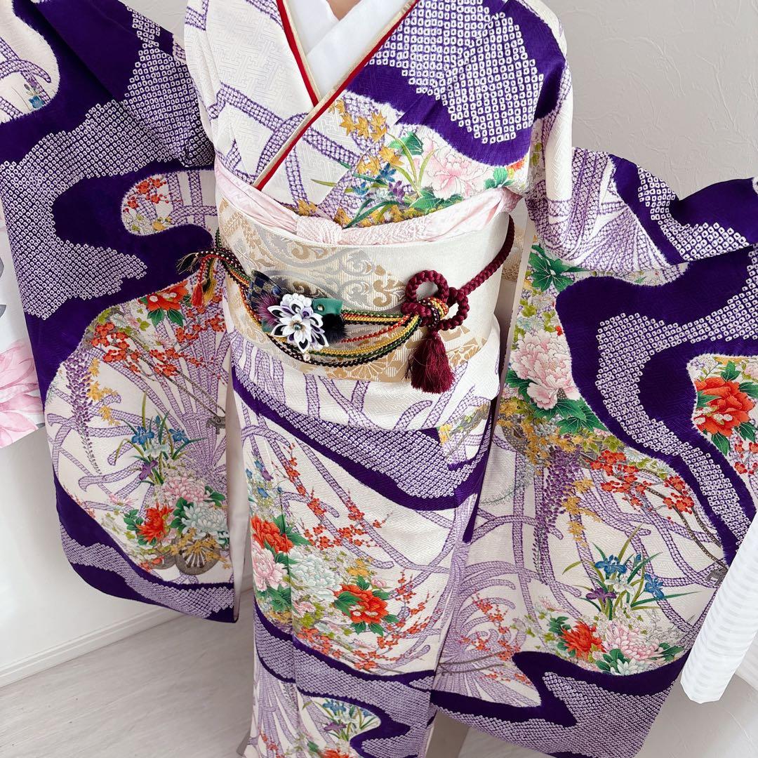 未使用に近い　正絹振袖フルセット　総絞り　紫と白の花柄　成人式に