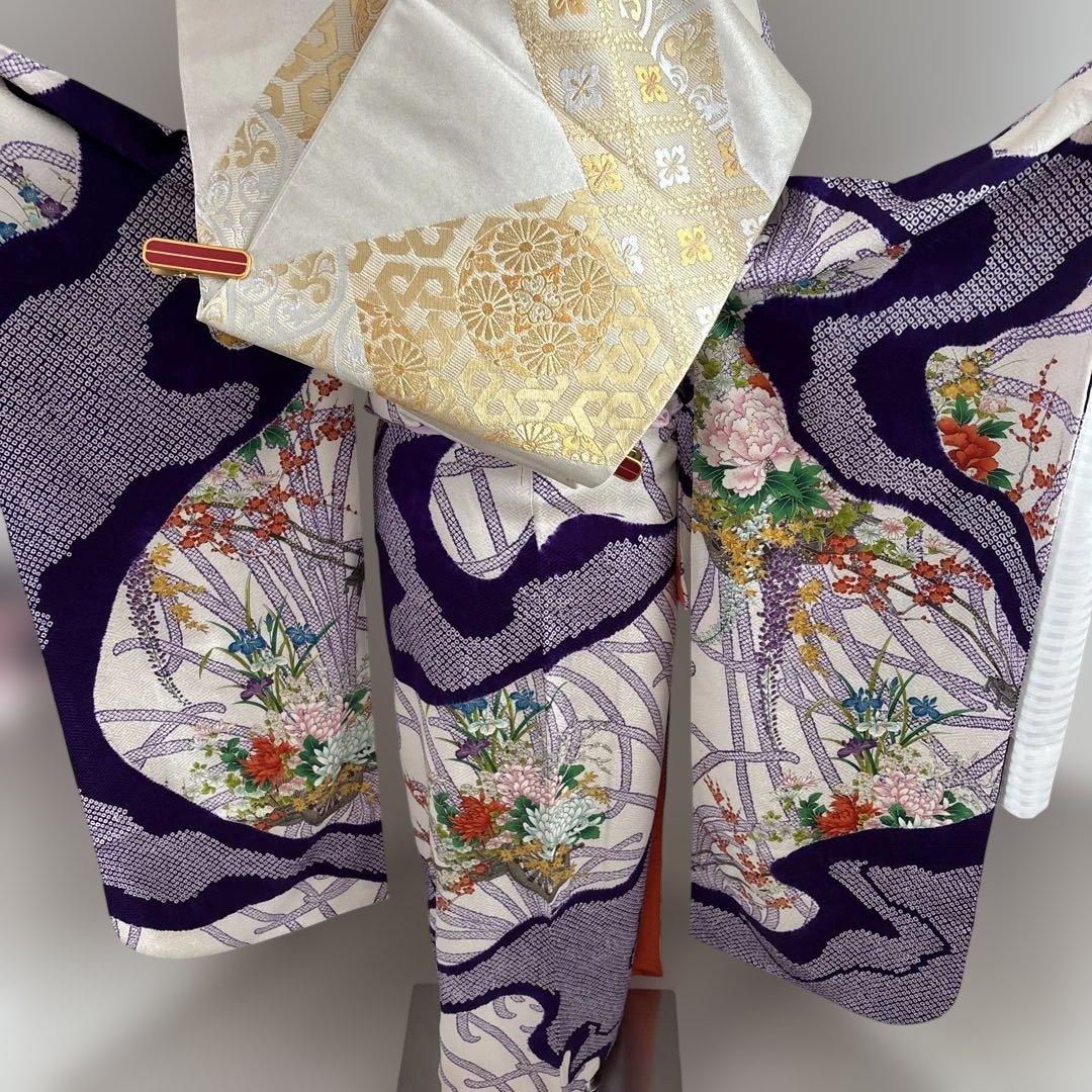 未使用に近い　正絹振袖フルセット　総絞り　紫と白の花柄　成人式に