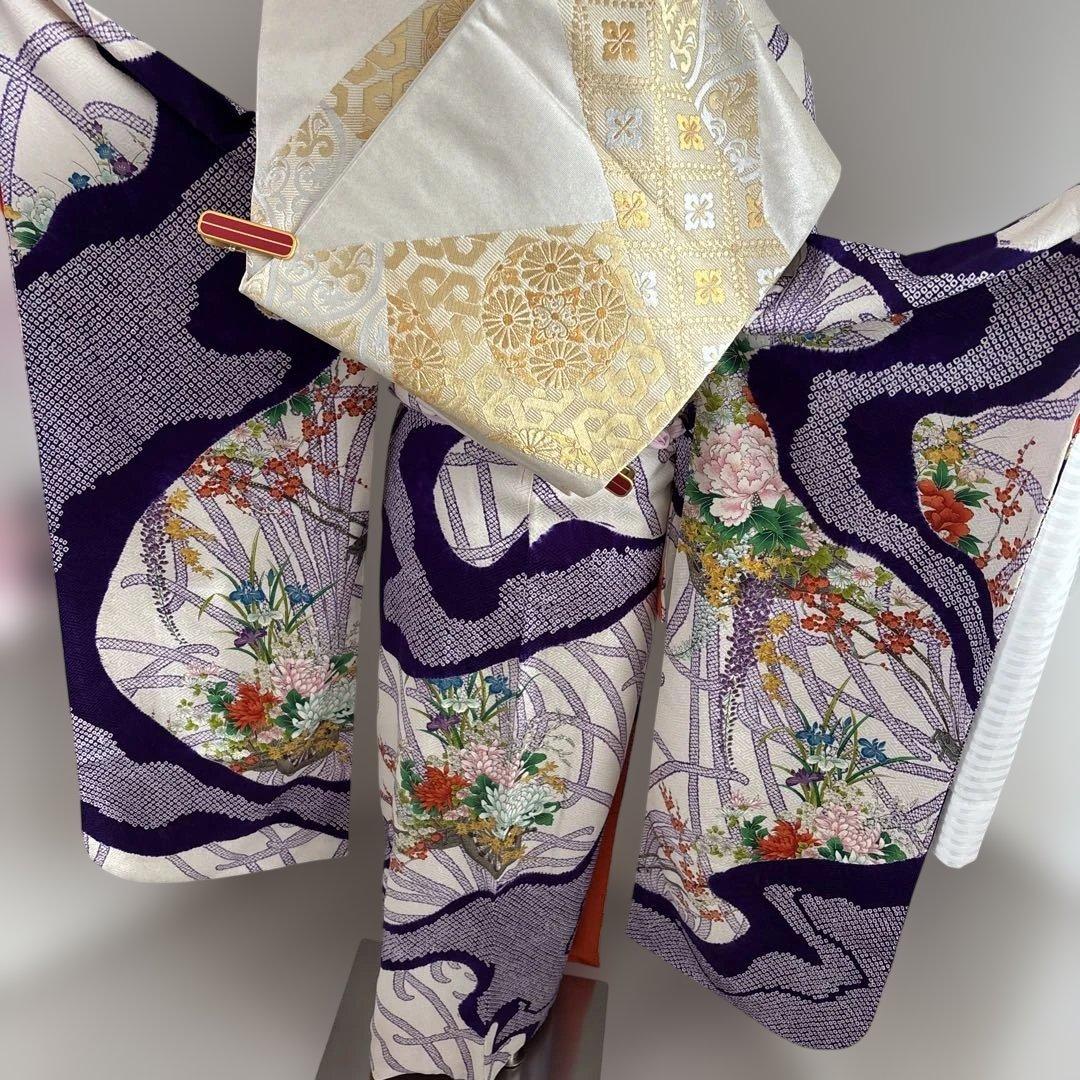 未使用に近い　正絹振袖フルセット　総絞り　紫と白の花柄　成人式に