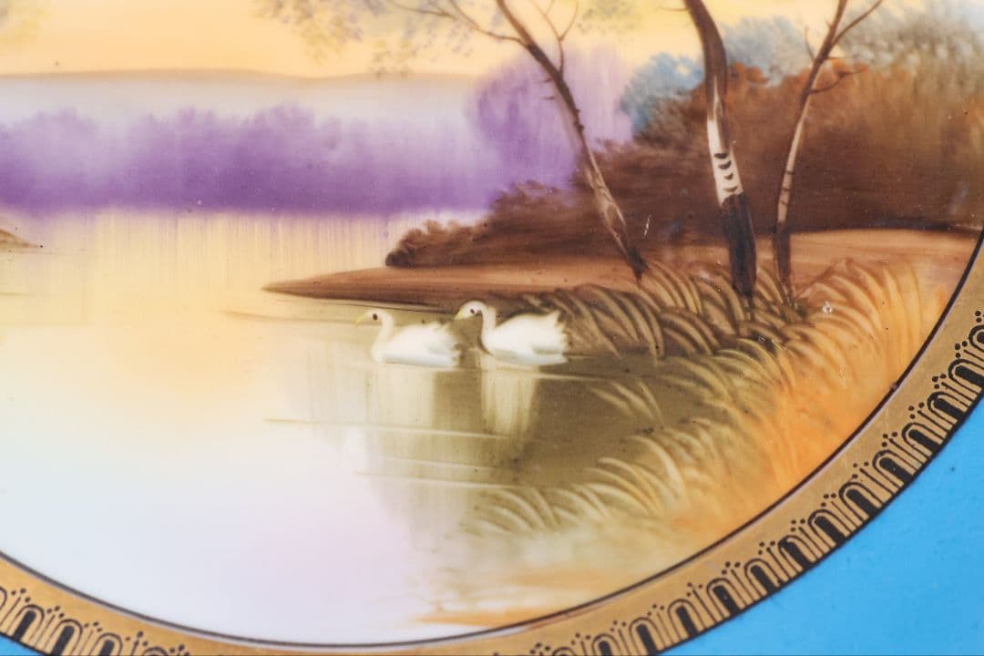 【CM300】オールドノリタケ 白鳥 風景 皿 プレート 金彩 ブルー 青 明治