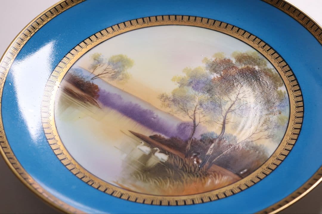 【CM300】オールドノリタケ 白鳥 風景 皿 プレート 金彩 ブルー 青 明治