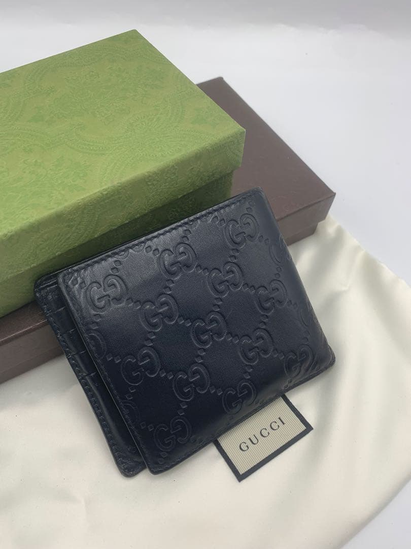 美品　グッチ　シマレザー　ドリアン　二つ折り財布　ブラック　金具　メンズ　GG