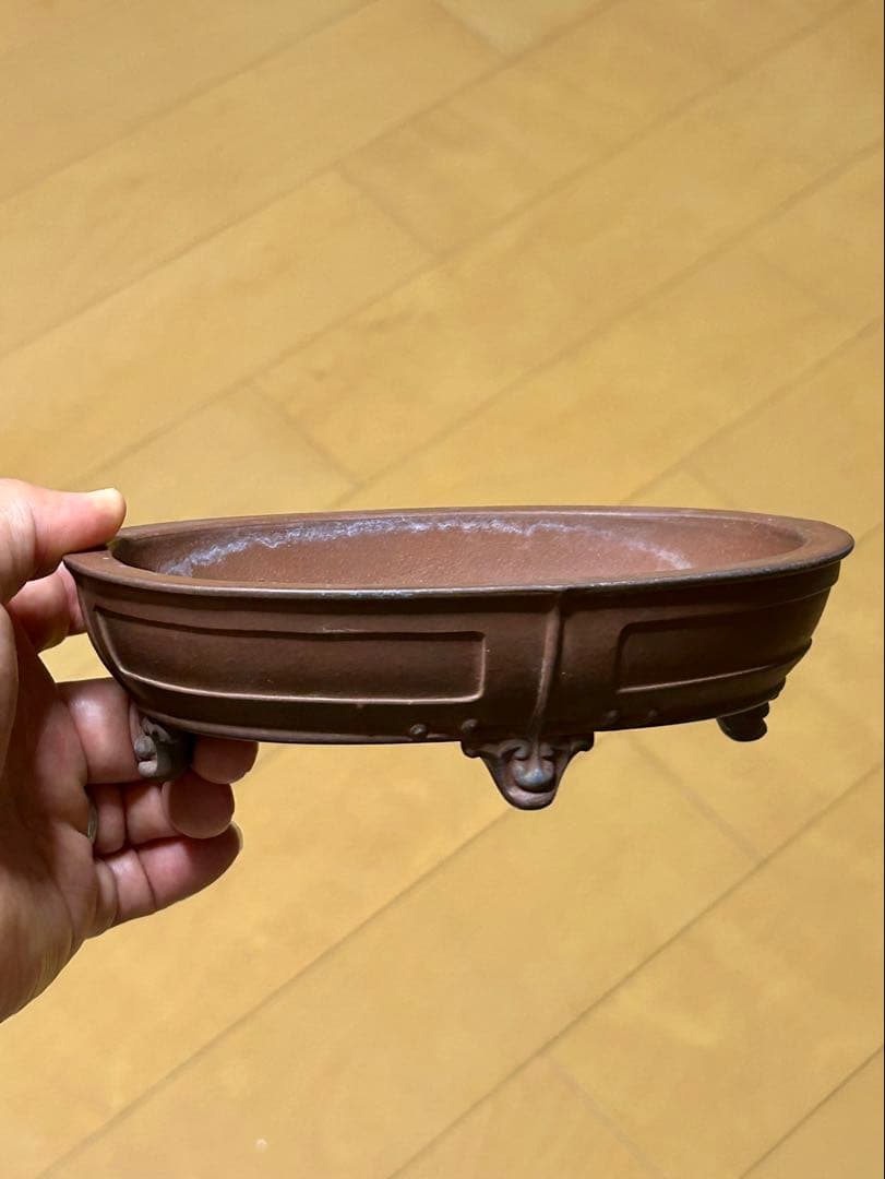 【盆栽鉢】中国宜興 朱泥 額入雲脚 楕円鉢