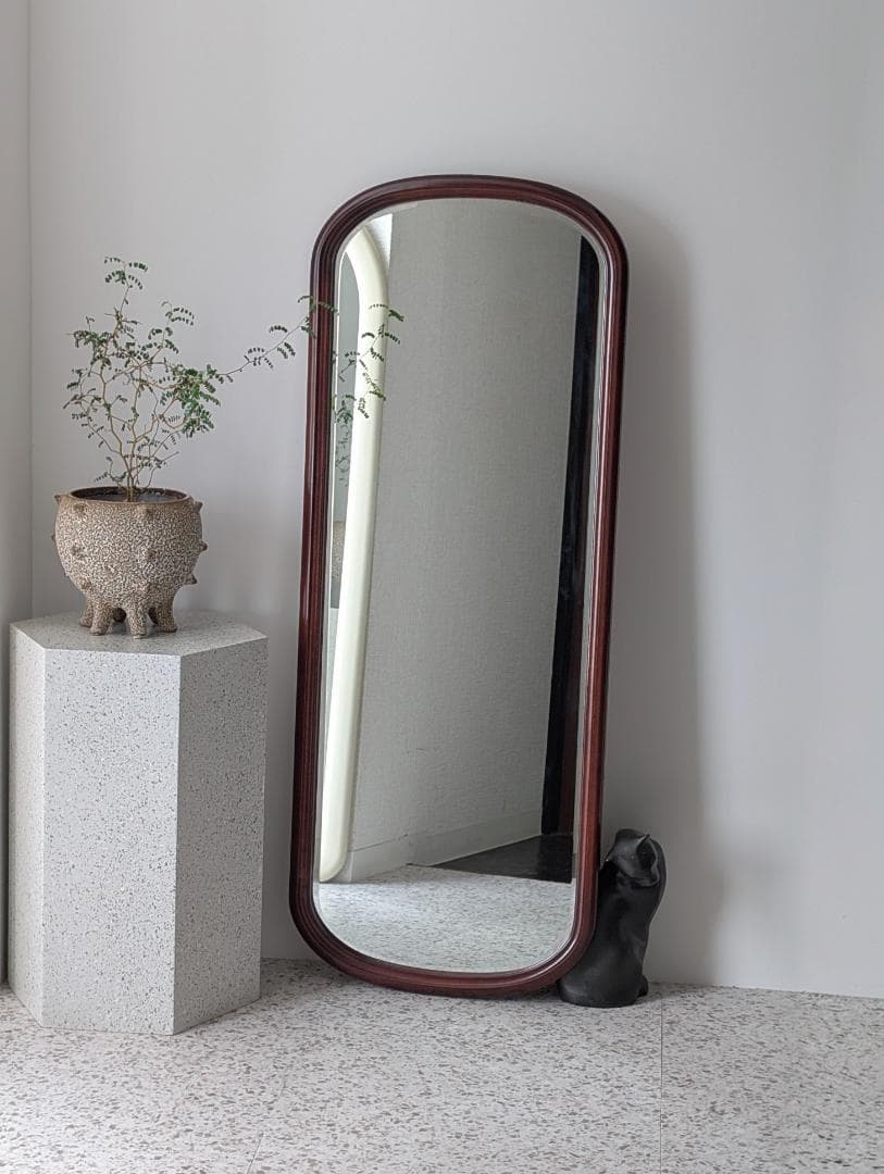 ビンテージ ラウンド ウッドフレーム ウォールミラー 壁掛鏡 北欧 美品 大きめ