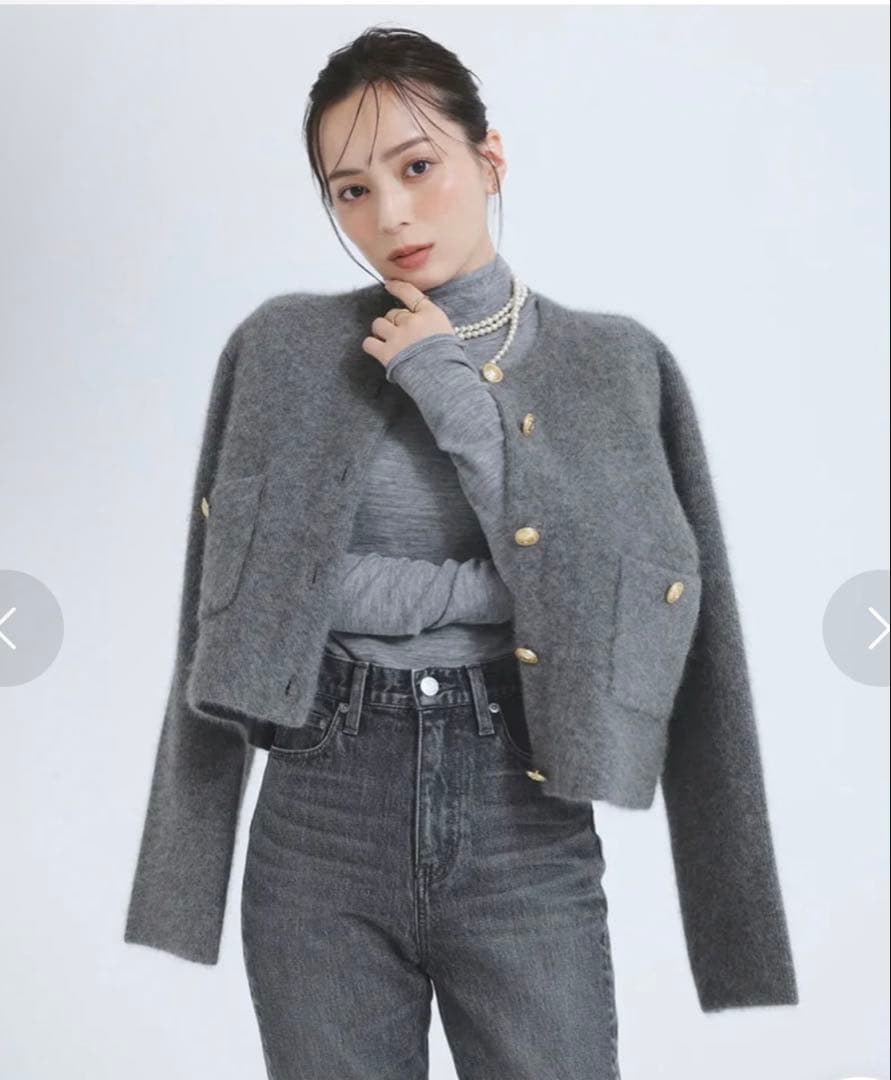 アニュアンス ラクーンブレンドノーカラーニットジャケット グレー カーディガン