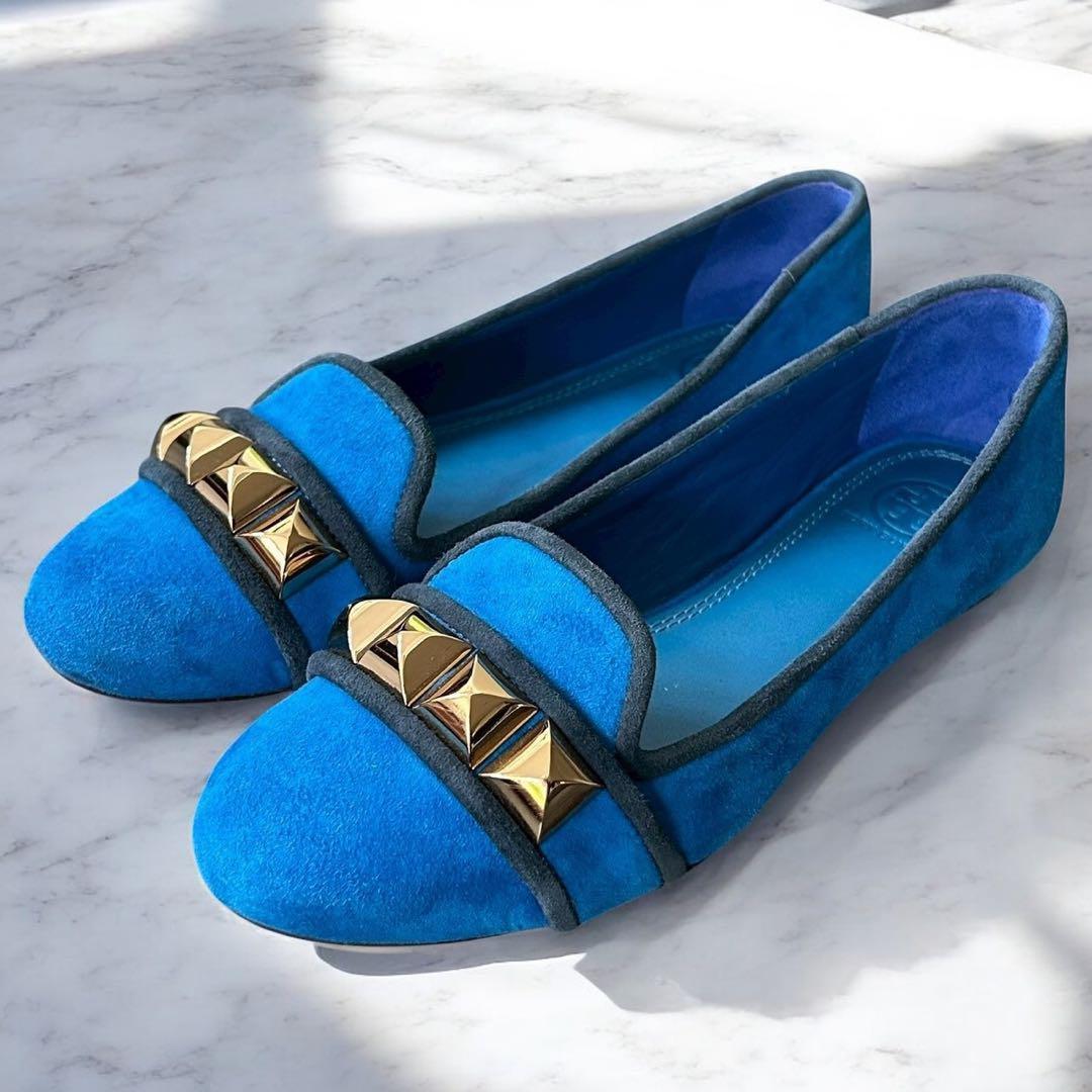 靴 TORY BURCH Studded Blue Suede Flat shoes