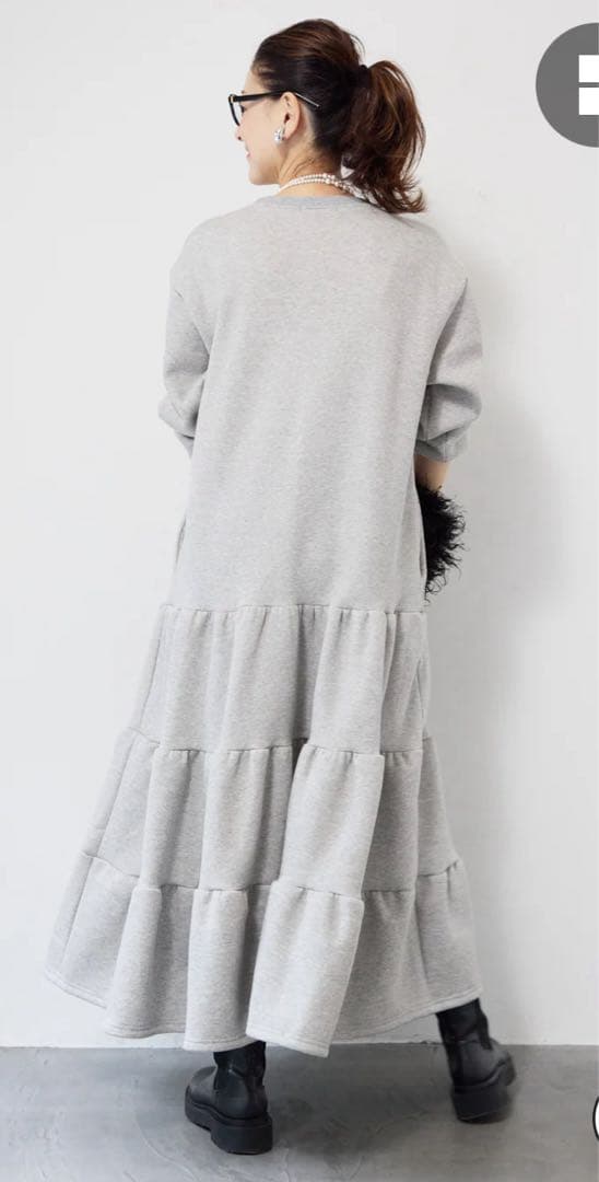 ティアードデザイン裏起毛長袖ワンピース（グレー）