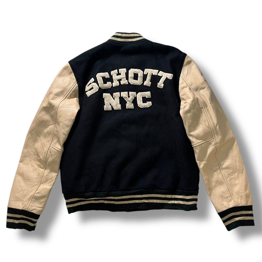 90s schott 袖革 スタジャン ウール バックロゴ ヴィンテージ 古着