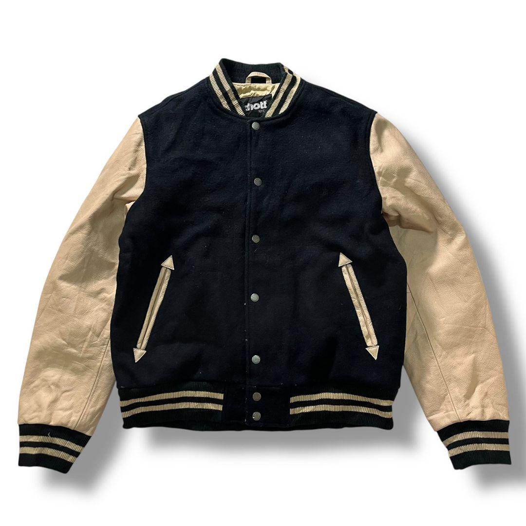 90s schott 袖革 スタジャン ウール バックロゴ ヴィンテージ 古着