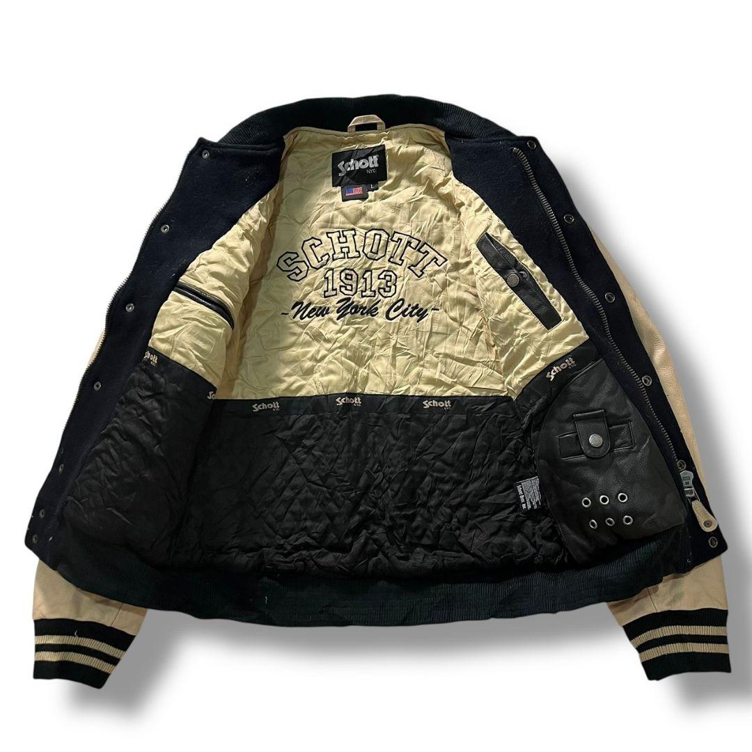 90s schott 袖革 スタジャン ウール バックロゴ ヴィンテージ 古着