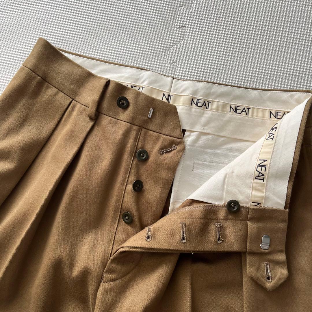 美品 NEAT テントクロス 2タックワイドスラックス ブラウン 44 コットン