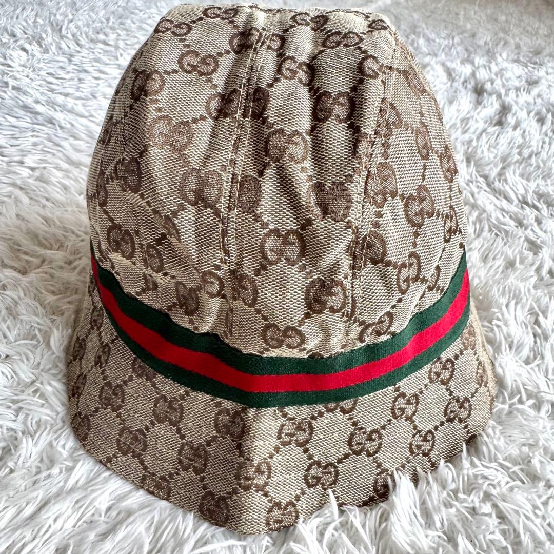 未使用タグ付き　グッチ　バケットハット　シェリーライン　プレート　GGキャンバス