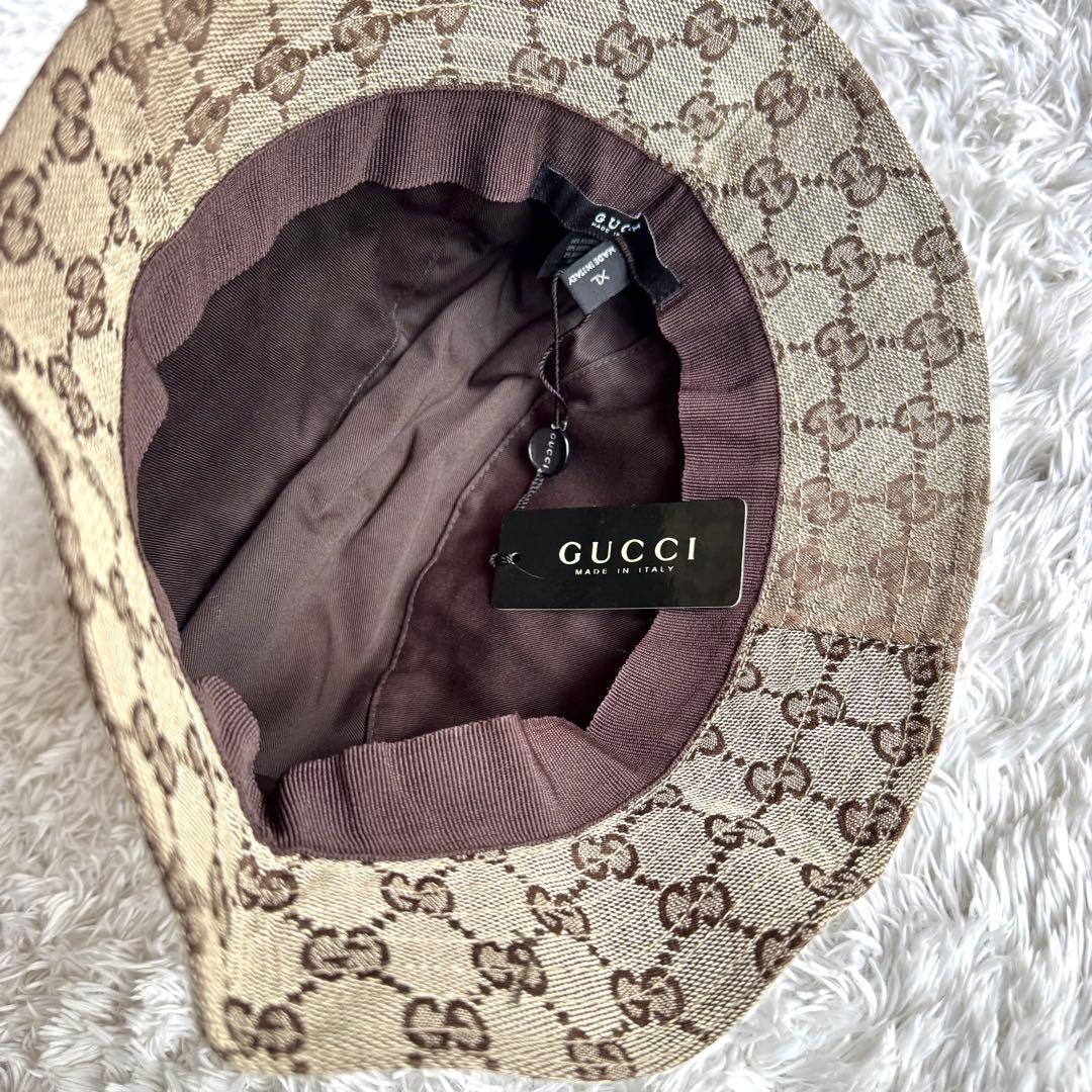 未使用タグ付き　グッチ　バケットハット　シェリーライン　プレート　GGキャンバス