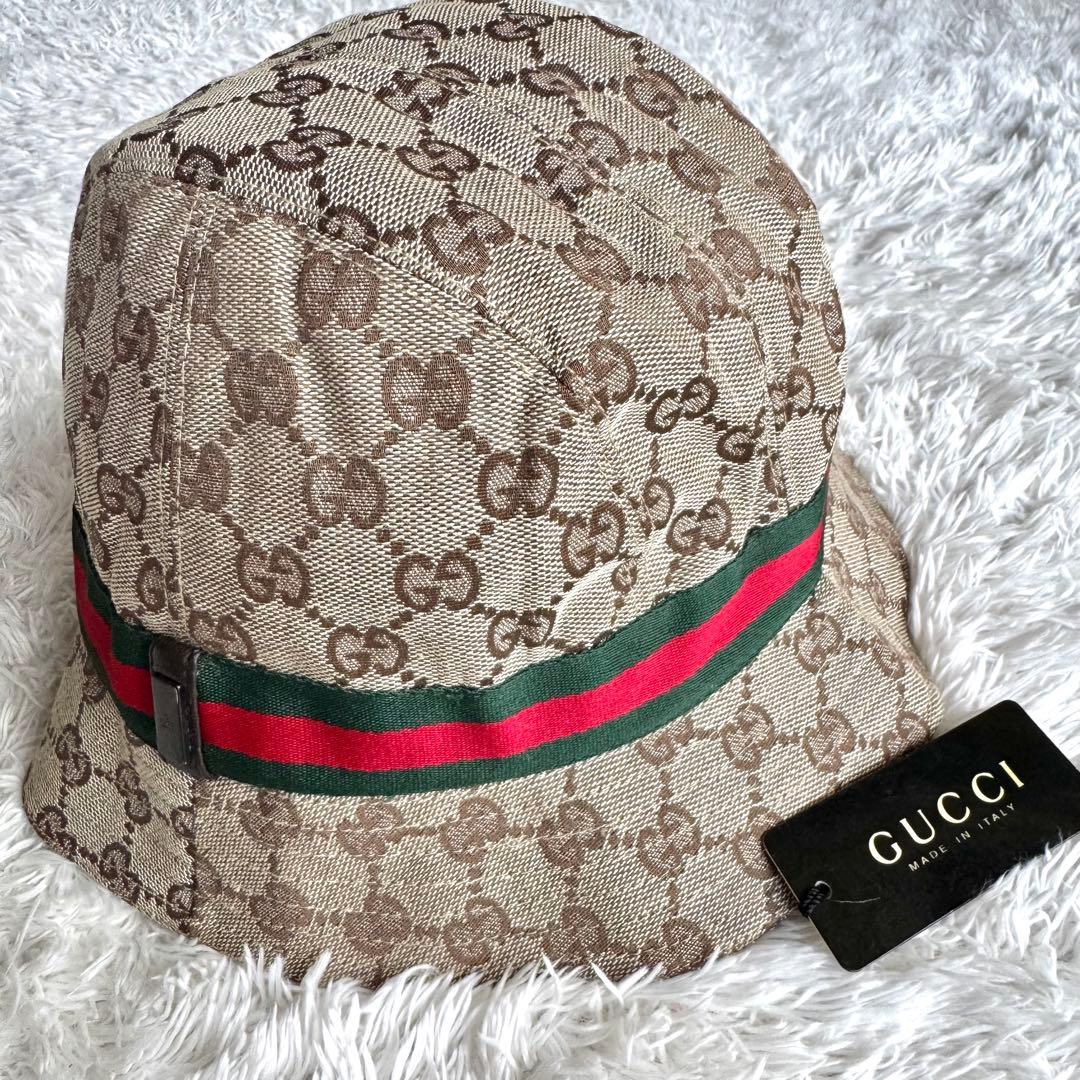未使用タグ付き　グッチ　バケットハット　シェリーライン　プレート　GGキャンバス